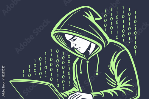 Anonymous Hooded Hacker Working On Laptop With Binary Code
