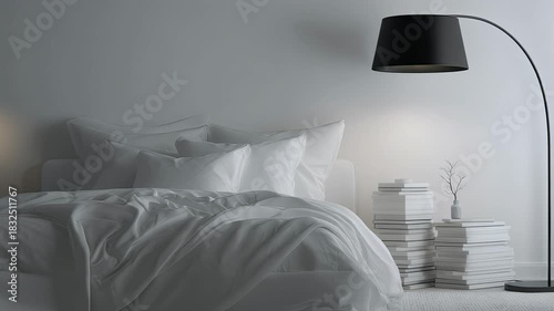 Minimalist Bedroom Scene with Modern Bed and Floor Lamp in Soft Natural Light