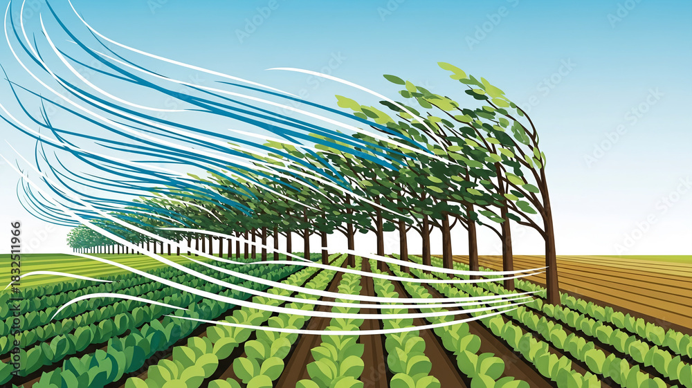 Fototapeta premium Windbreak Trees Protecting Crop Field from Strong Wind Gusts Illustration