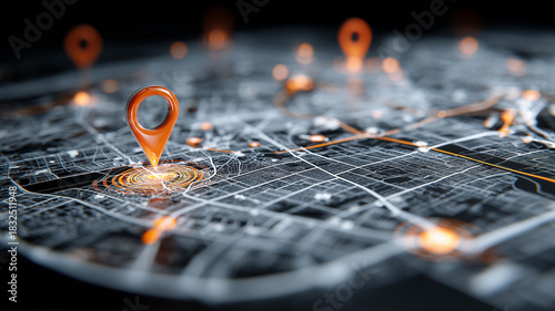 A strategic mapping concept featuring multiple location markers illuminating specific zones of a city grid symbolizing navigation planning and territorial coordination for precise decision making.
