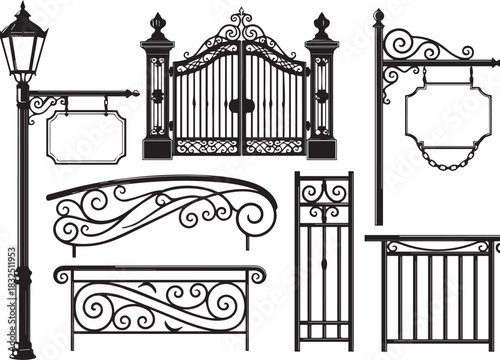 Black wrought iron elements collection including gate fence and lamp post