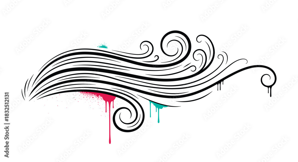 Fototapeta premium Abstract swirling lines with paint splatters suggesting artistic expression and freedom.