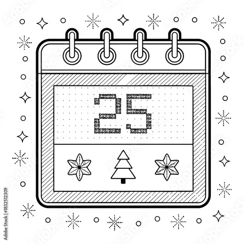 A christmas calendar with the date december twenty fifth surrounded by winter themed decorations