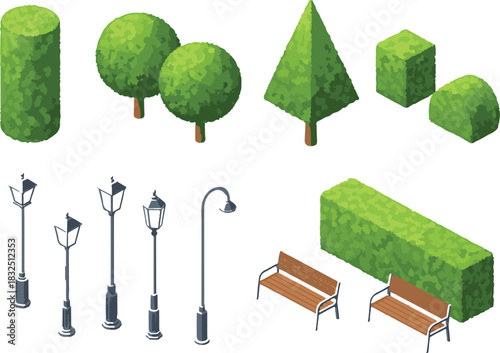 Isometric Park Elements Set with Trees Benches and Street Lamps Illustration