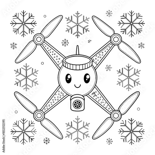 Cartoon drone with a cute face surrounded by snowflakes ready for a winter coloring adventure fun