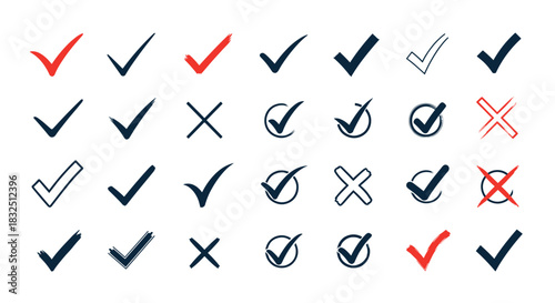 Collection of hand drawn check marks and crosses for design and approval processes.