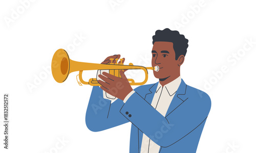 Stylish musician passionately plays trumpet, capturing the energy of live music and jazz performance, ideal for entertainment and artistic projects