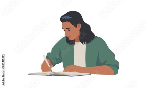 Creative woman journaling her thoughts, a moment of reflection and planning, perfect for lifestyle blogs, self-care articles, and educational content