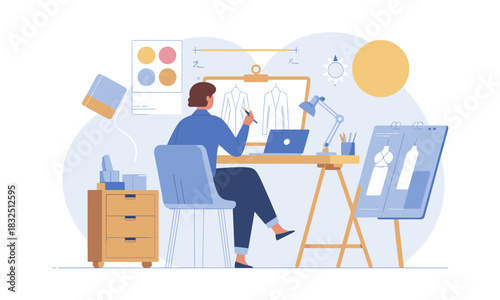 Fashion designer at work creating modern clothing sketches, a scene of creative passion and style development in a bright studio workspace