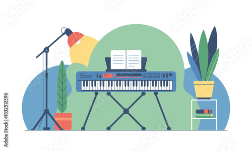 Modern musical setup with synthesizer, microphone, and plants, perfect for creative spaces, music production, and artistic endeavors in vibrant style