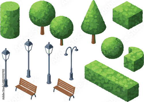 Isometric city park elements set of trees benches and lampposts