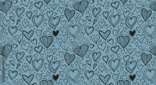 A charming pattern of hand-drawn hearts in various sizes and styles on a muted blue background.