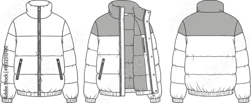 Technical CAD Drawing Flat Vector Illustration of Puffer Jacket, Mockup Fashion Template for Outerwear Apparel Design and Specification