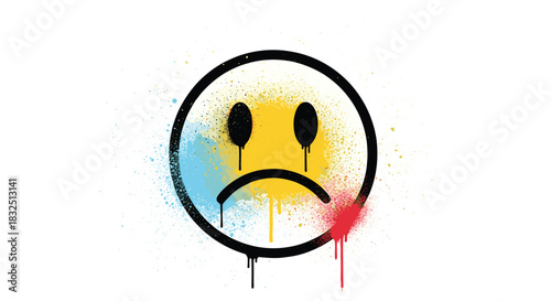 A spray painted sad face emoji with tears dripping down its cheeks.