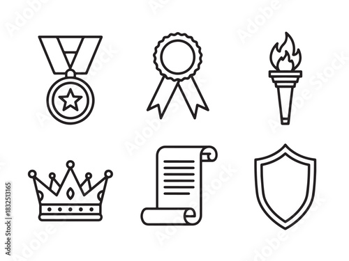 Honor signs outline icon set: medal, ribbon, torch, crown, scroll, shield.