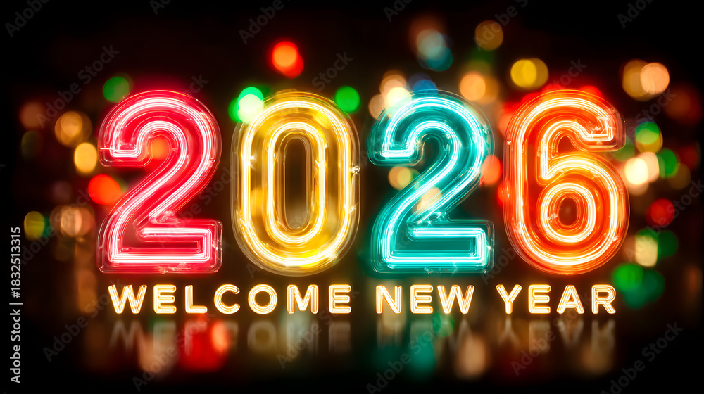 Obraz premium Bunte Neon-Zahlen 2026 mit Welcome New Year Text und leuchtenden Bokeh-Effekten auf dunklem Hintergrund