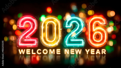 Bunte Neon-Zahlen 2026 mit Welcome New Year Text und leuchtenden Bokeh-Effekten auf dunklem Hintergrund