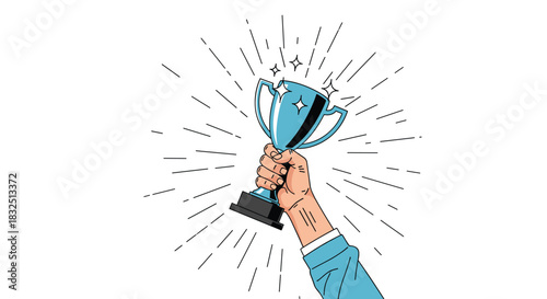A triumphant hand raises a sparkling trophy symbolizing achievement success and victory.