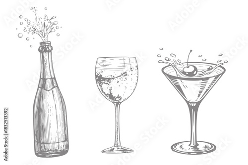 Isolated vintage style old fashioned, manhattan, martini, daiquiri illustration. alcohol bottle and glass with splash drinks. whiskey and cognac. Eps 10