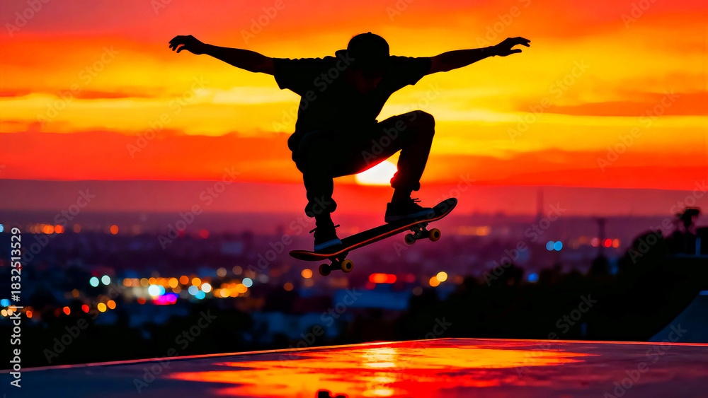 custom made wallpaper toronto digitalSkateboarder silhouette sunset action sport extreme sports skateboarding trick jump ramp urban lifestyle youth culture freedom adrenaline recreation skill challenge performance evening sky city lights