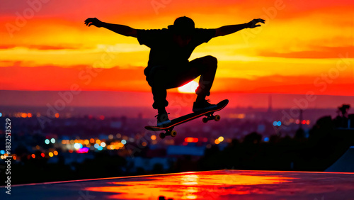 Wallpaper Mural Skateboarder silhouette sunset action sport extreme sports skateboarding trick jump ramp urban lifestyle youth culture freedom adrenaline recreation skill challenge performance evening sky city lights Torontodigital.ca