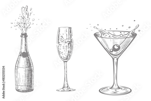 Cocktails hand drawn alcohol bottle and glass with splash vector illustration vintage style. Engraving Vodka, whiskey and cognac. Eps 10