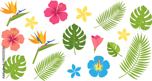 Tropical floral arrangement with hibiscus, bird of paradise, monstera leaves, and other flowers and foliage.