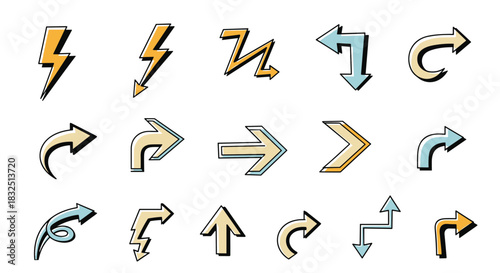 A collection of diverse hand drawn arrow and lightning bolt icons in various directions and styles.
