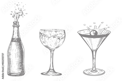 whiskey alcohol bottle and glass with splash drinks illustration.  engraving vector Isolated black and white vintage style. Eps 10