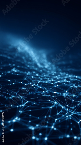 Futuristic geometric net of dots and triangular connections over bright blue cyberspace, highlighted with white volumetric lights, sleek depth, and seamless looping motion.