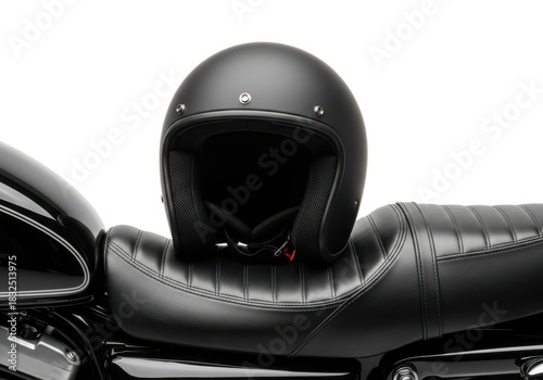 Black motorcycle helmet resting on a leather seat isolated on white background