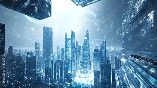 Futuristic cityscape of glass and metal structures, with bright city lights in the distance - Footage