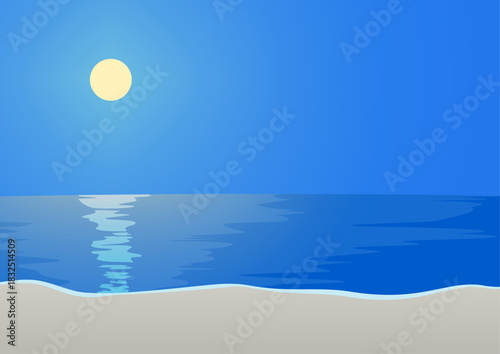 夜の海と砂浜、月明かりが反射する静かな風景　A4横