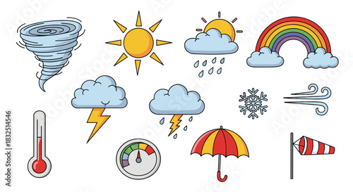 A collection of weather icons depicting different atmospheric conditions for forecasting and education purposes.
