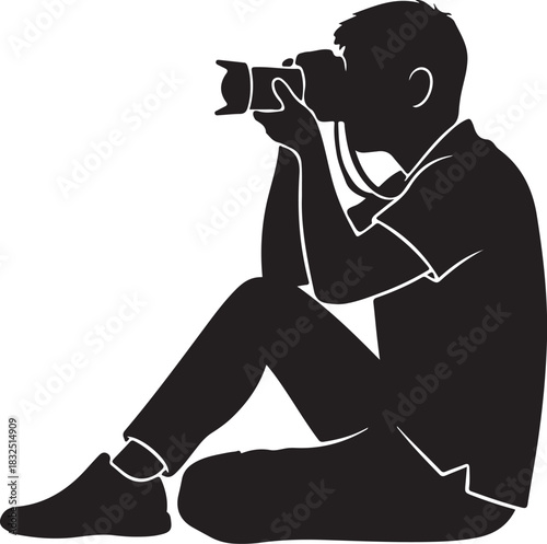 Photographer silhouette sits with camera taking pictures in white background.
