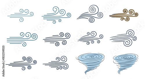 Illustrations of various wind symbols and weather phenomena with swirling patterns and lines.