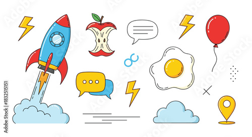 A collection of colorful cartoon icons representing ideas and creativity.
