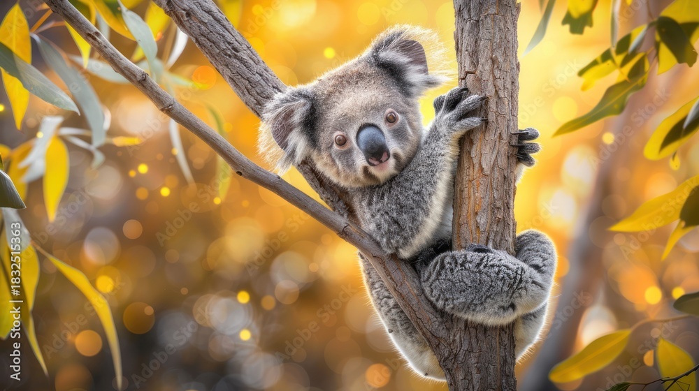 Fototapeta premium Cute Koala Bear Climbing Tree in Bright Sunny Forest
