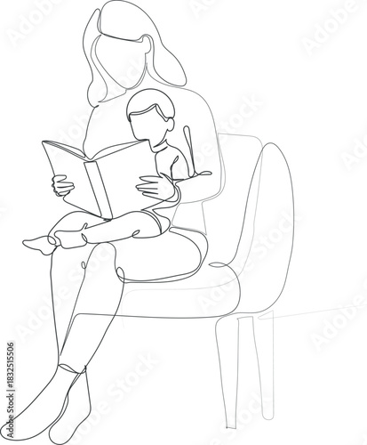 Continuous line art mother and child reading a book isolated on a white background.