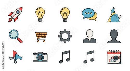 Assorted Colorful Icons Representing Creativity, Ideas, and Various Digital Concepts