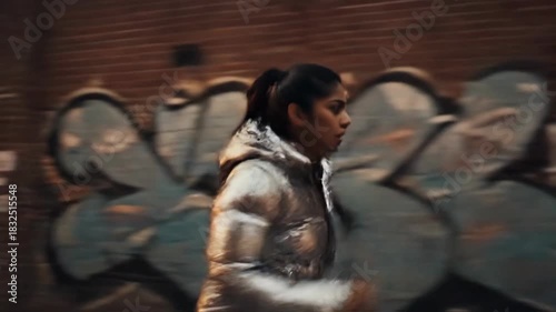 Wallpaper Mural Young woman running down urban street in shiny puffer jacket daylight outdoor activity Torontodigital.ca