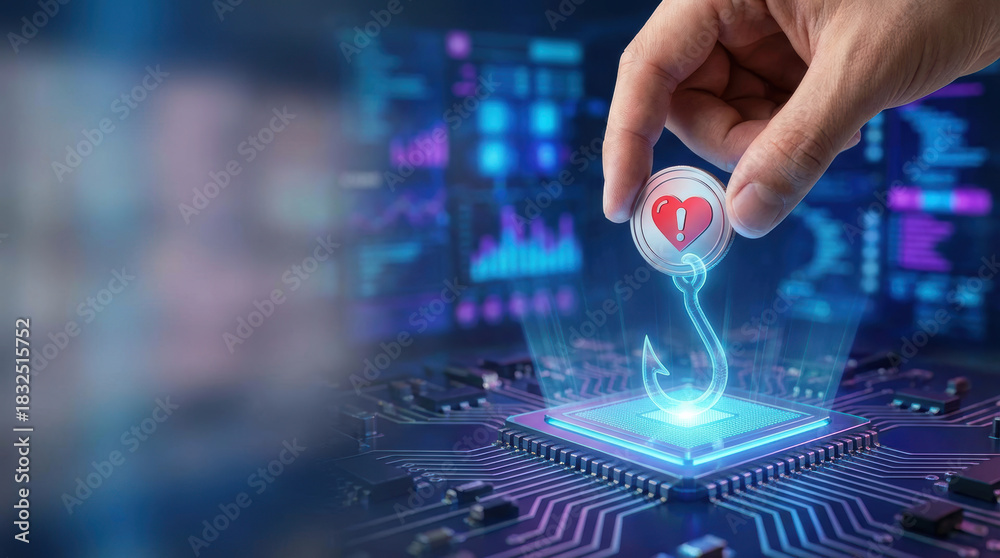 Fototapeta premium Phishing concept in digital marketing and business management with market fit recruitment strategy protecting data from cyber threats