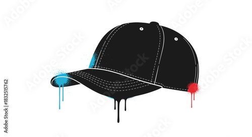 A black baseball cap with colorful paint splatters on its brim and a dripping effect.