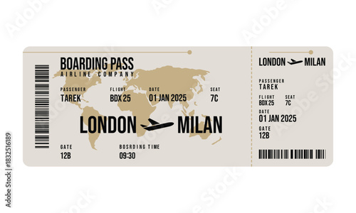 Realistic Boarding Pass Isolated on White with Flight Details and Barcode