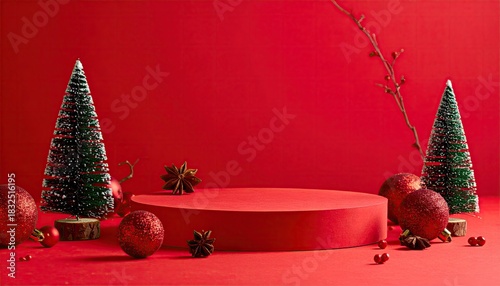 Festive Christmas still life with red podium and holiday decorations.