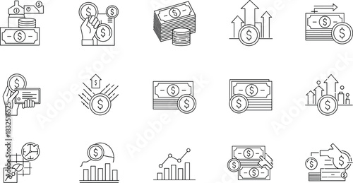 Minimalist financial icon set, line-art money and investment symbols, economic activity graphics, transaction and savings vector collection