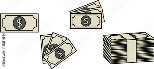 Grouped dollar bill icon set, money quantity graphics, financial concept illustration, currency bundle vector, economic theme design