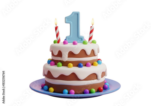 Two-tier birthday cake with blue number 1 candle and colorful candies isolated on transparent background