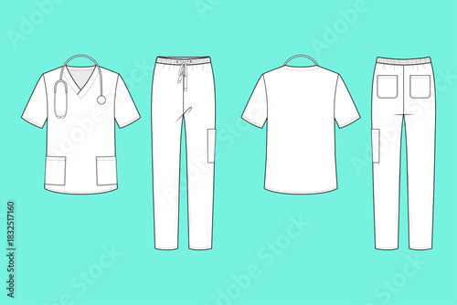 Unisex Modern Medical Scrubs Set Technical Flat Sketch Kit