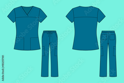 Unisex Teal Healthcare Uniform Set Technical Flat Sketch Front and Back View Outline